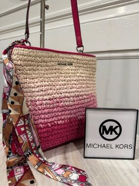 Michael Kors Pratt Pink Ombré Straw Bucket Bag